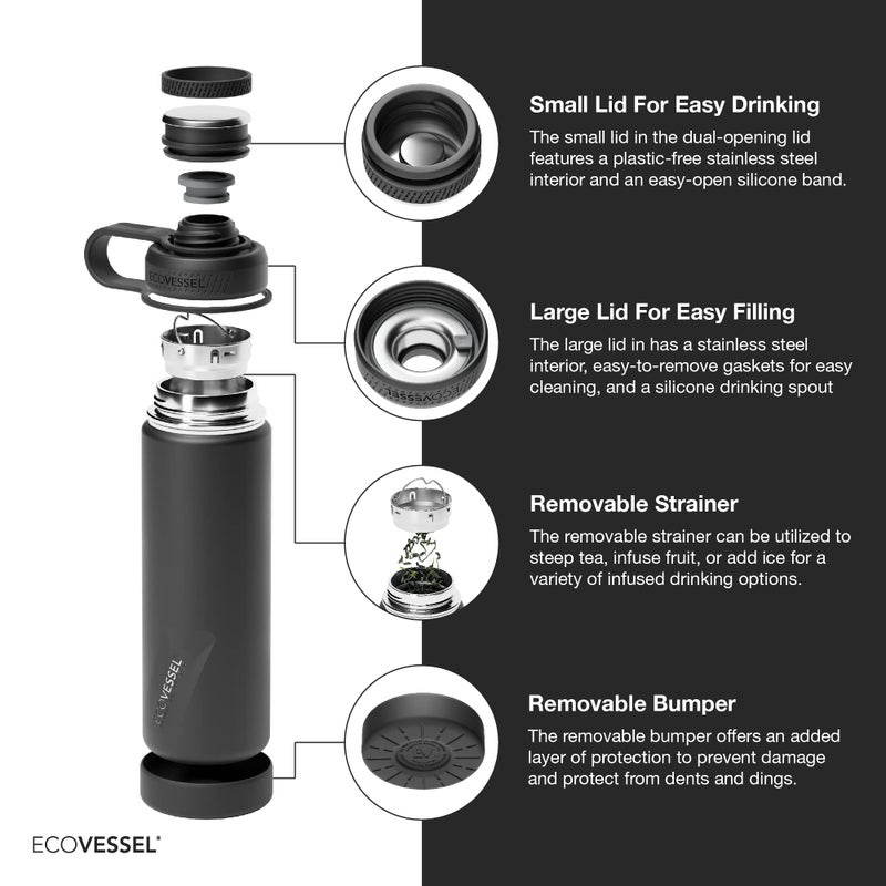 EcoVessel Stainless Steel Water Bottle with Insulated Dual Lid  Insulated Water Bottle with Strainer and Silicone Bottle Bumper  Coffee Mug - 20oz (White Out) - Image 3